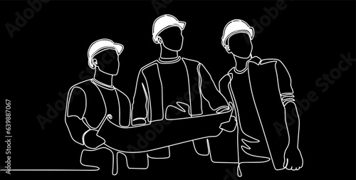 Single continuous line drawing of young construction manager giving instruction to builder coordinator. Building architecture business concept. One line draw design vector black background