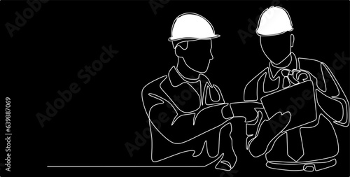 Single continuous line drawing of young construction manager giving instruction to builder coordinator. Building architecture business concept. One line draw design vector black background