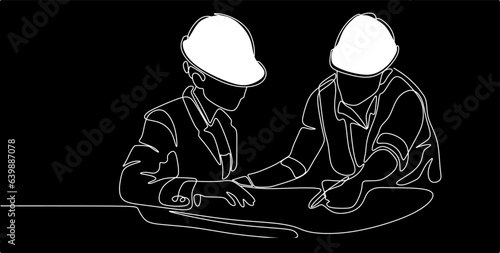 Single continuous line drawing of young construction manager giving instruction to builder coordinator. Building architecture business concept. One line draw design vector black background