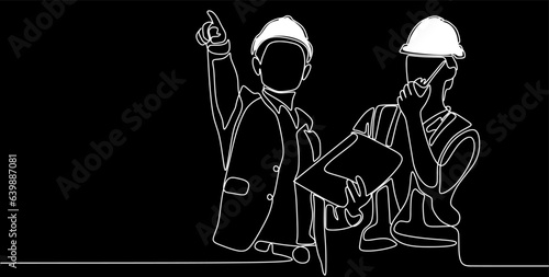 Single continuous line drawing of young construction manager giving instruction to builder coordinator. Building architecture business concept. One line draw design vector black background