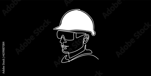 Single continuous line drawing of young construction worker. Building architecture business concept. One line draw design vector. Black background. 	