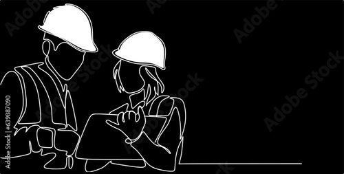 Single continuous line drawing of young construction manager giving instruction to builder coordinator. Building architecture business concept. One line draw design vector black background