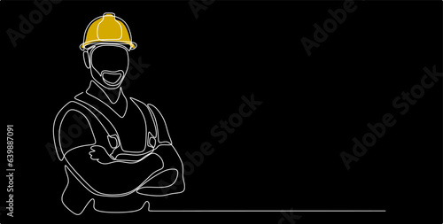 Single continuous line drawing of young construction worker. Building architecture business concept. One line draw design vector. Black background. 	