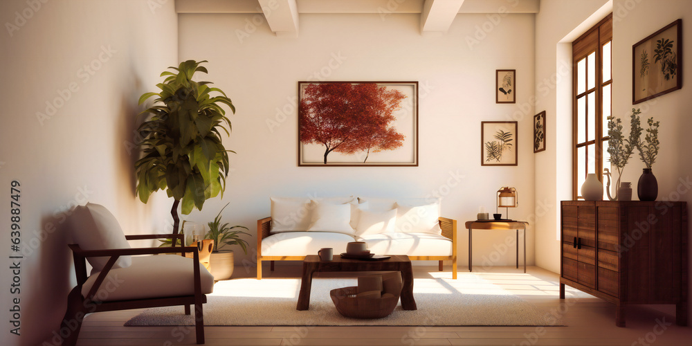 Fototapeta premium Wooden furniture and pictures adorn a serene white living room, harmoniously blending warmth and modern aesthetics in a tranquil setting.