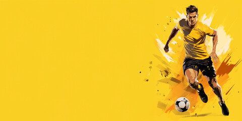 Football player isolated on solid yellow background. Sports banner, copy space.