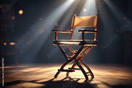 Empty black chair with sign Director and clapperboard in spotlight on filming set.