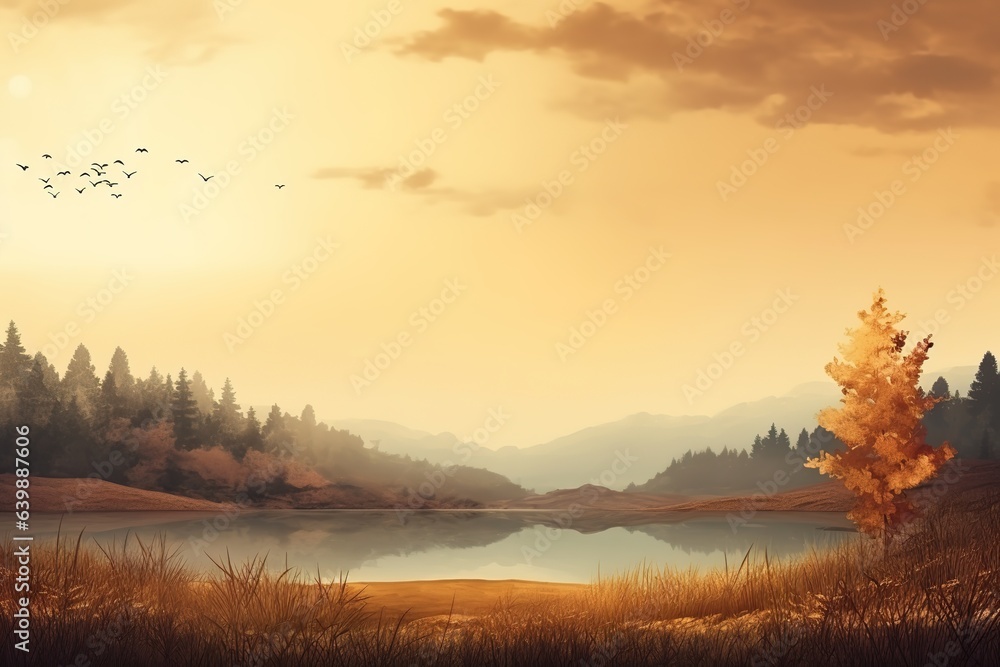 Autumn landscape with lake and forest. 