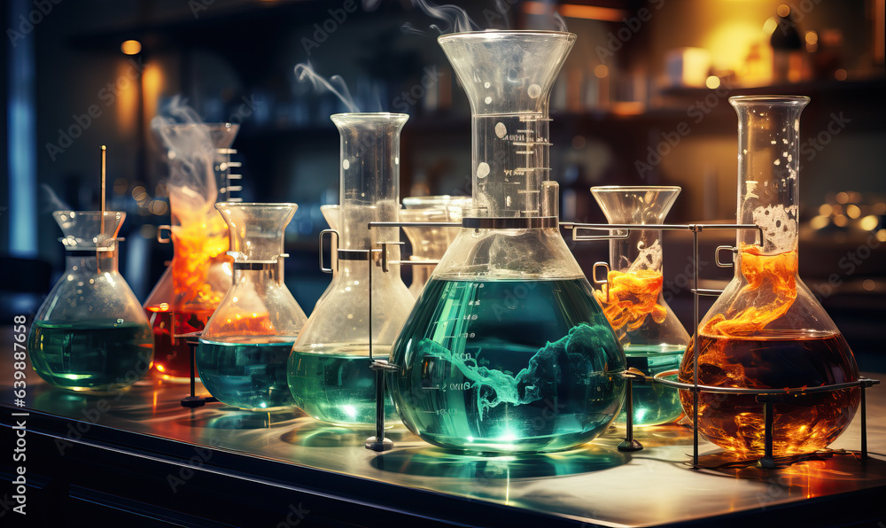 Laboratory test tubes, flasks on a blurred background. Laboratory test tubes, flasks on a blurred background.