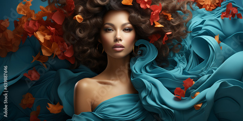 Afroamerikanisch schönes Model Gesicht einer Frau in türkis mit Blumen und grandioser Visagistik Nahaufnahme als Poster im Querformat für Banner, ai generativ