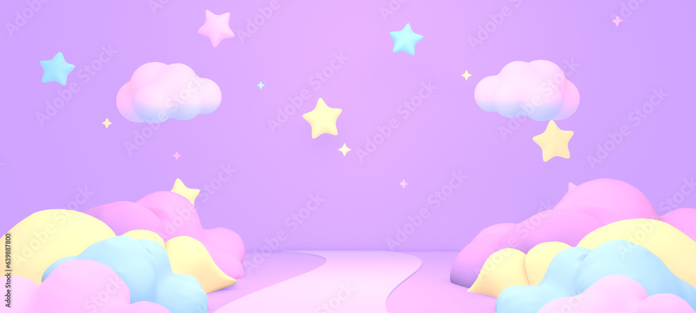 3d rendered cartoon purple dreamy land with colorful clouds and stars.