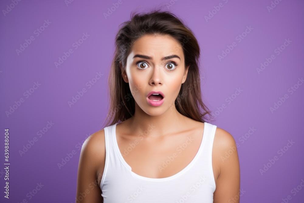 A frightened surprised girl on a purple background A frightened surprised girl on a purple background