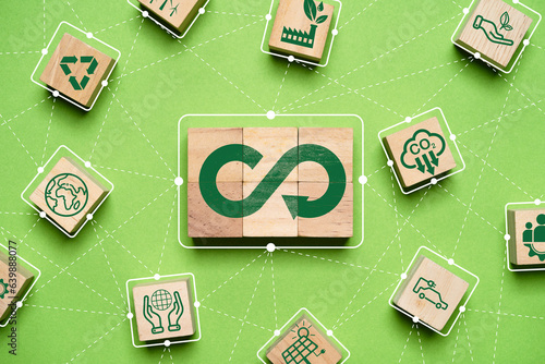Canvas Print Eternity, endless unlimited , infinity symbol of circular economy linkage connection with environmental icon such as carbon emission , recycle for business growth and environment Sustainable concept