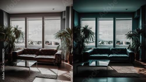 Interior roller blinds are used to cover the windows, and there are automatic solar shades in a bigger size for the windows. The living room consists of sofas and palm trees.