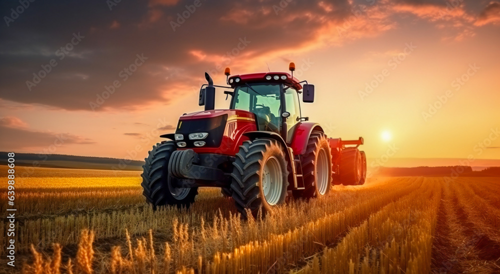 Fototapeta premium Red tractor working in the field at sunset