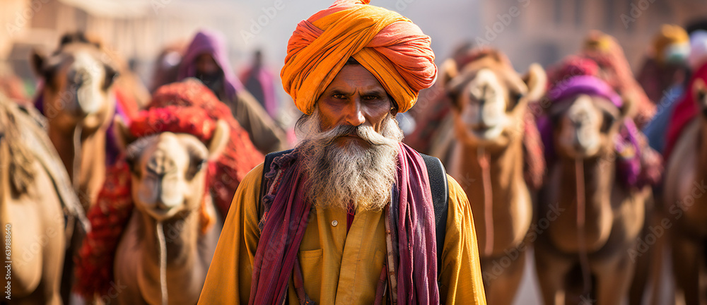 Indian old man leading a camels caravan through the desert