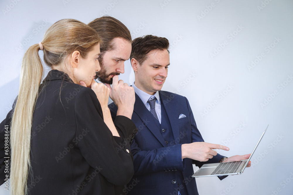 Business team working on master plan. Happy smiling businessman and businesswoman talking about success marketing plan after meeting and presenting to the manager. Business team working on master plan. Happy smiling businessman and businesswoman talking about success marketing plan after meeting and presenting to the manager.