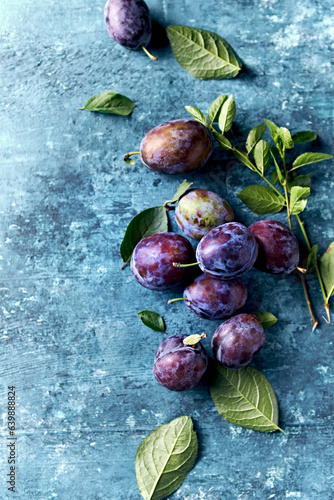Freshly harvested plums on rustic blue background. Top view. Copy space. Home grown fruits