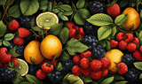 Fruity background of berries and citrus.