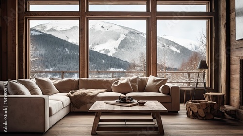 alpine cabin interior living room space, rustic-inspired design, modern furniture, large windows with winter alpine view © Kazia
