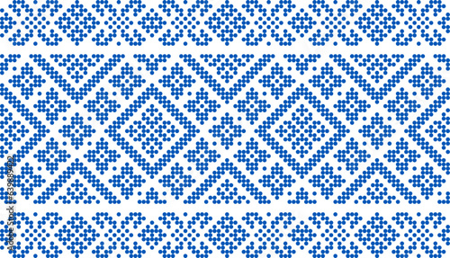 Vector illustration of Ukrainian ornament in ethnic style, identity, vyshyvanka, embroidery for print clothes, websites, banners. Background. Geometric design, border, copy space, frame