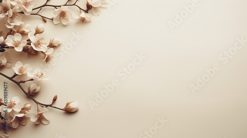 Light beige background with white cherry blossom on a branch. Copy space. Minimalist. 