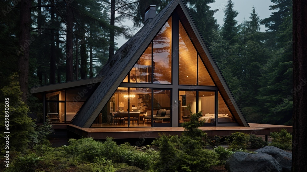 Fototapeta premium Wooden summer house with panoramic windows in the forest