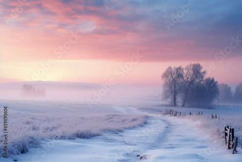 Beautiful fantastic sky background of sunrise over snowy countryside landscape in winter snowy landscape. Landscape concept suitable for nature and winter scenery. © cwa