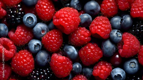 Fresh ripe Raspberry, blackberry and blueberry background. Top view.