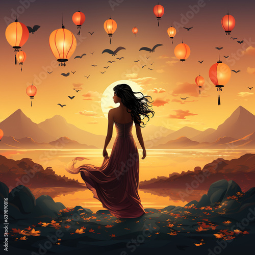 Women enjoing sunset with flying lighting baloons colorful background