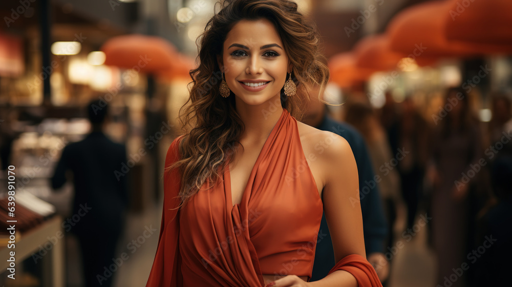 Beautiful women in orange outfit in market