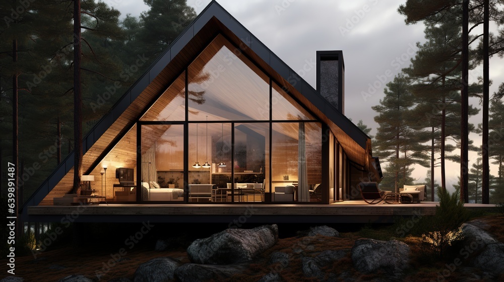 Wooden summer house with panoramic windows in the forest Wooden summer house with panoramic windows in the forest