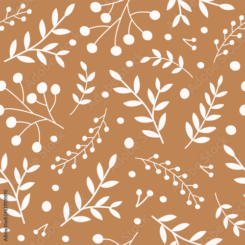 Monochrome seamless pattern with white branches rowan berries and leaves on a brown background. Seasonal design for textile, prints, wrapping paper. Vector illustration