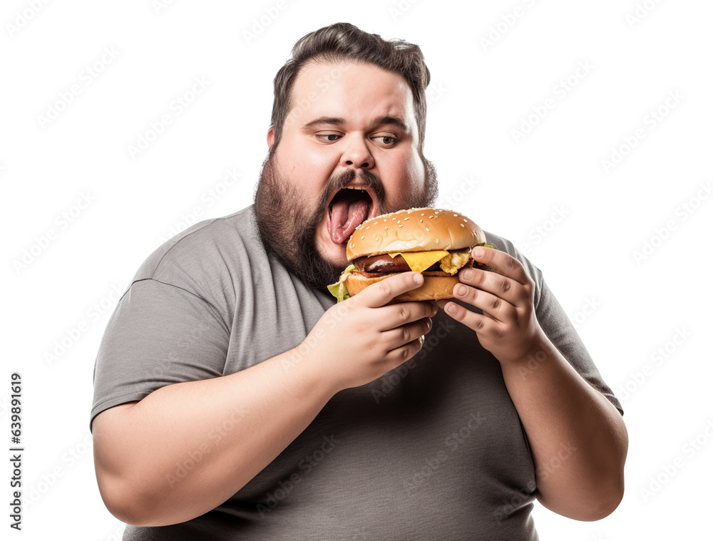Fat man eating big burger, cut out Fat man eating big burger, cut out