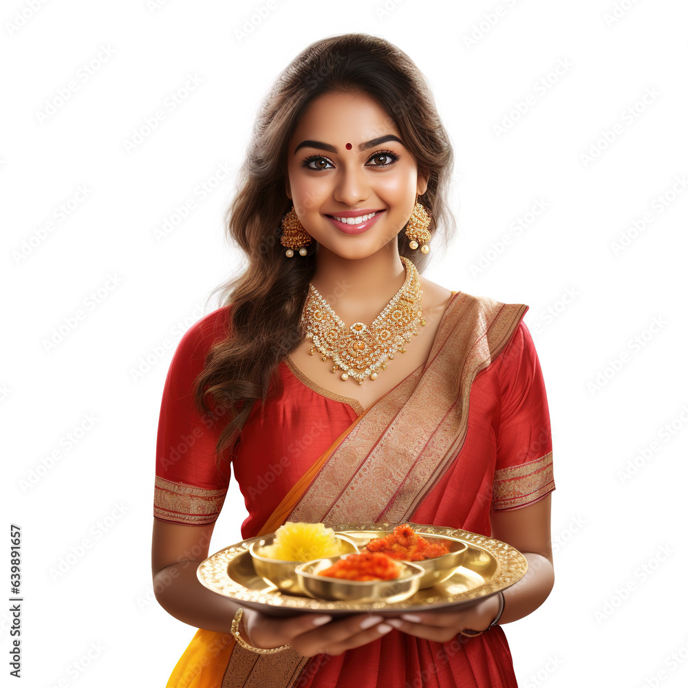 Diwali celebration - beautiful young lady in saree with sweet plate in hand on white background Diwali celebration - beautiful young lady in saree with sweet plate in hand on white background