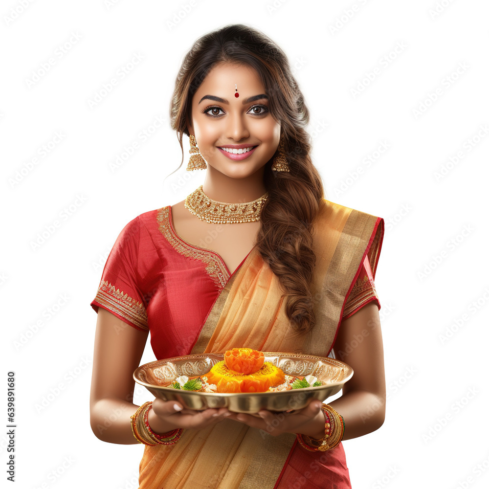 Diwali celebration - beautiful young lady in saree with sweet plate in hand on white background Diwali celebration - beautiful young lady in saree with sweet plate in hand on white background