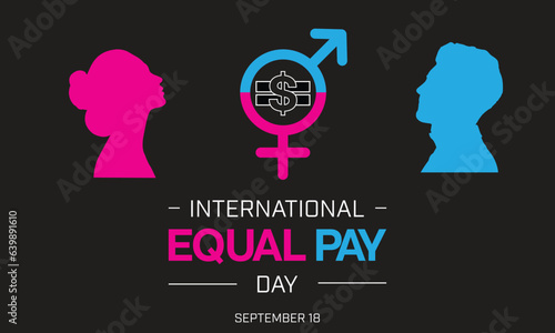 International Equal Pay Day design. It features blue and pink silhouette of a man and a woman, equal sign and man woman sign. Vector illustration.