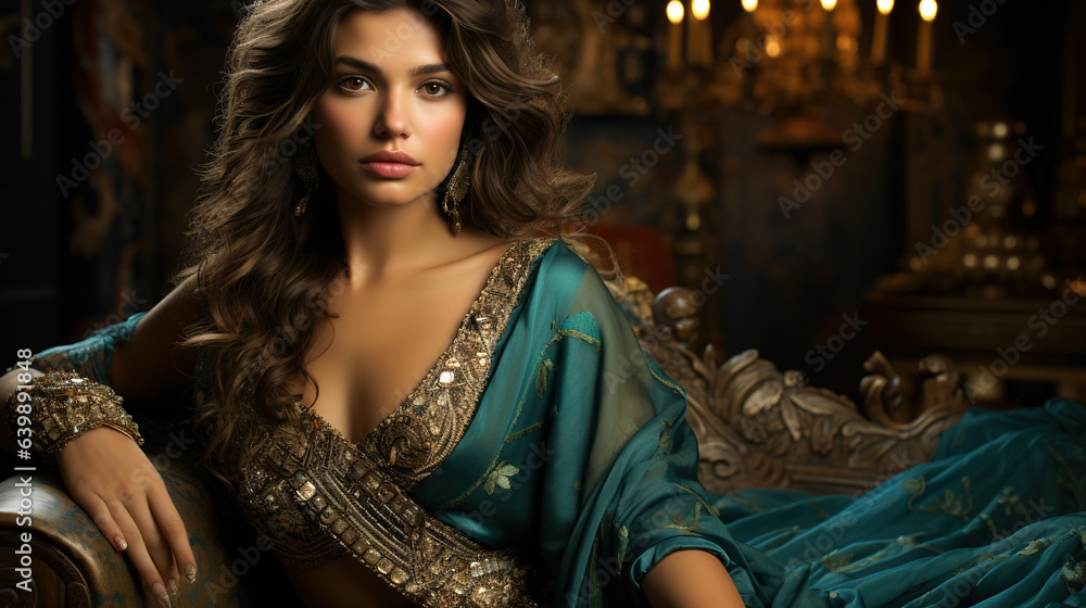 Fototapeta premium Beautiful women sitting on royal sofa with dark flower background, diwali celebration, festival feel in nauvari saree