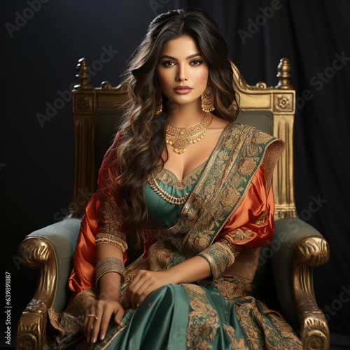 Indian woman poses in nauvari saree on festival, maharastrian look-sitting on royal chair photo