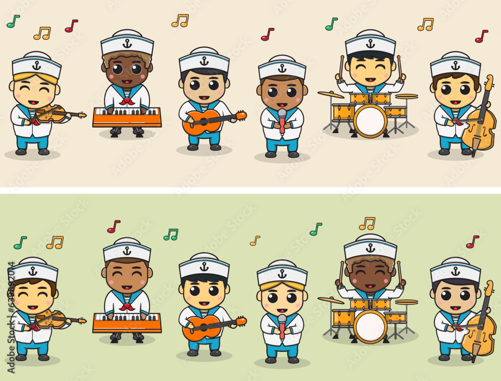 Vector Illustration of Boy sailors  Music Band. Big set of cute cartoon children in professions. Cartoon flat style.