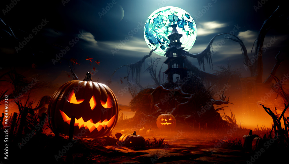 Halloween pumpkin head jack lantern with burning candles in scary deep night forest. AI generated