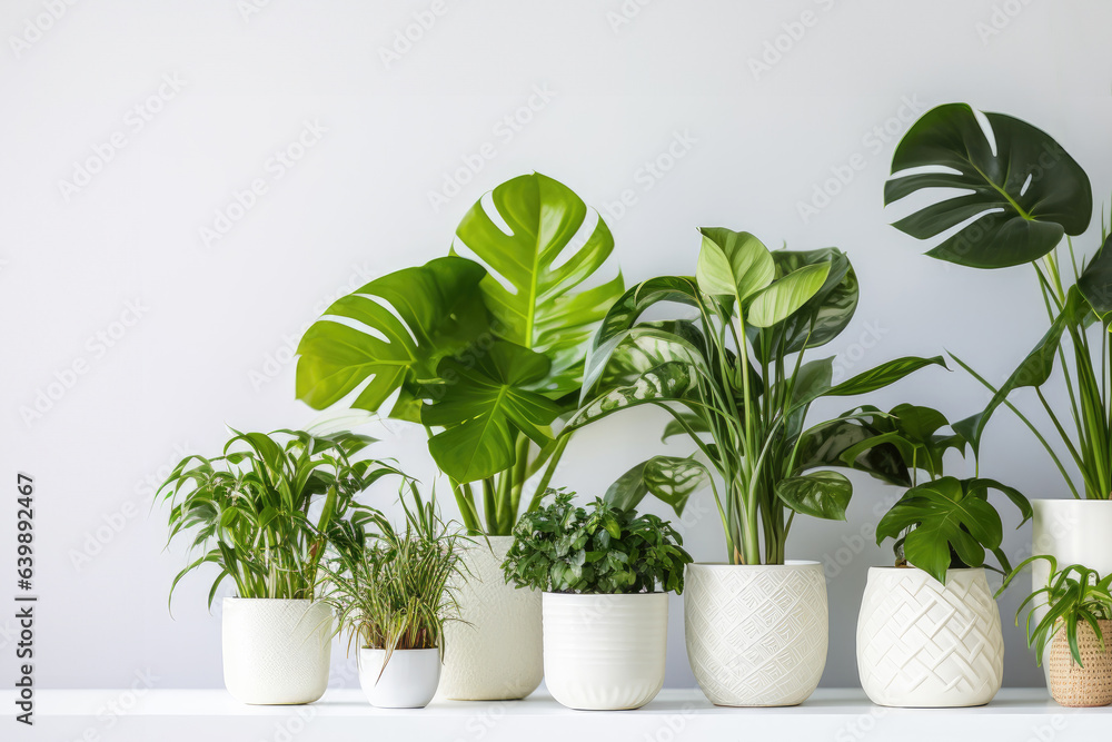 Beautiful composition of house plants in different pots. Potted plants filled interior