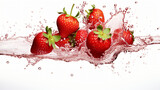 Delicious and juicy strawberries fruit with fresh leaves flying over, with many squirts of fresh water on white background