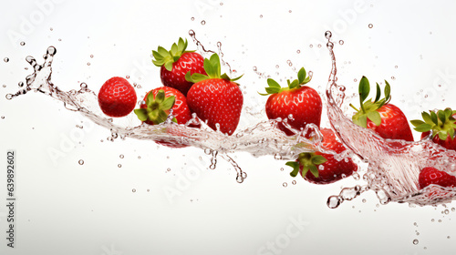 Delicious and juicy strawberries fruit with fresh leaves flying over, with many squirts of fresh water on white background