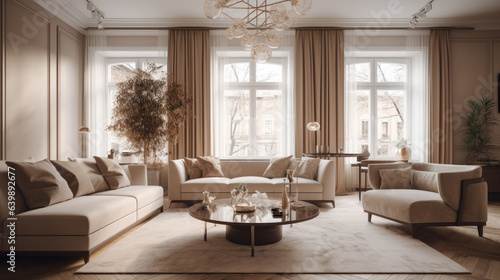 living room with soft beige furniture in a light luxury interior design of a modern apartment in a minimalist style with marble trim and huge windows. daylight inside.