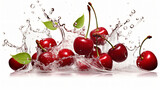 Delicious and juicy cherries fruit flying over, with many squirts of fresh water on white background