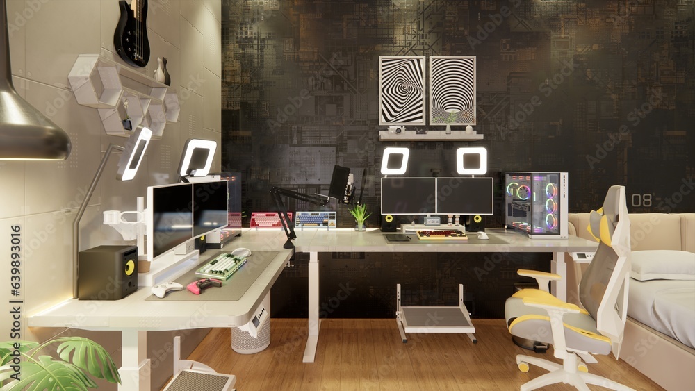 Games and workspaces with high spec computers. there is a bed. Neon ...