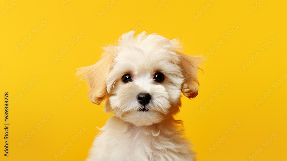 Cute puppy dog on yellow background - obrazy, fototapety, plakaty 