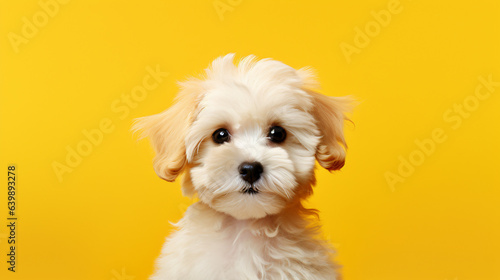 Cute puppy dog on yellow background