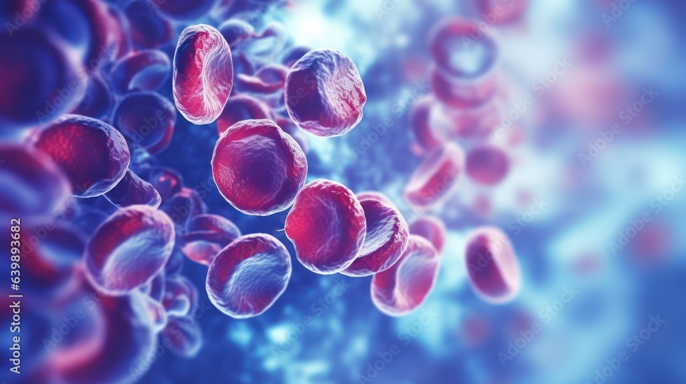 red blood cells flowing through vein on blue background 