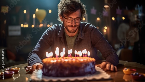 Photo of a man celebrating his birthday with a cake and candles